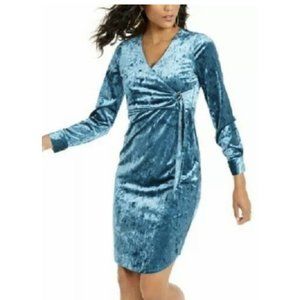 Thalia Sodi Blue Velvet Sheath Surplice Dress Medium Ruched Side Gold Buckle NWT